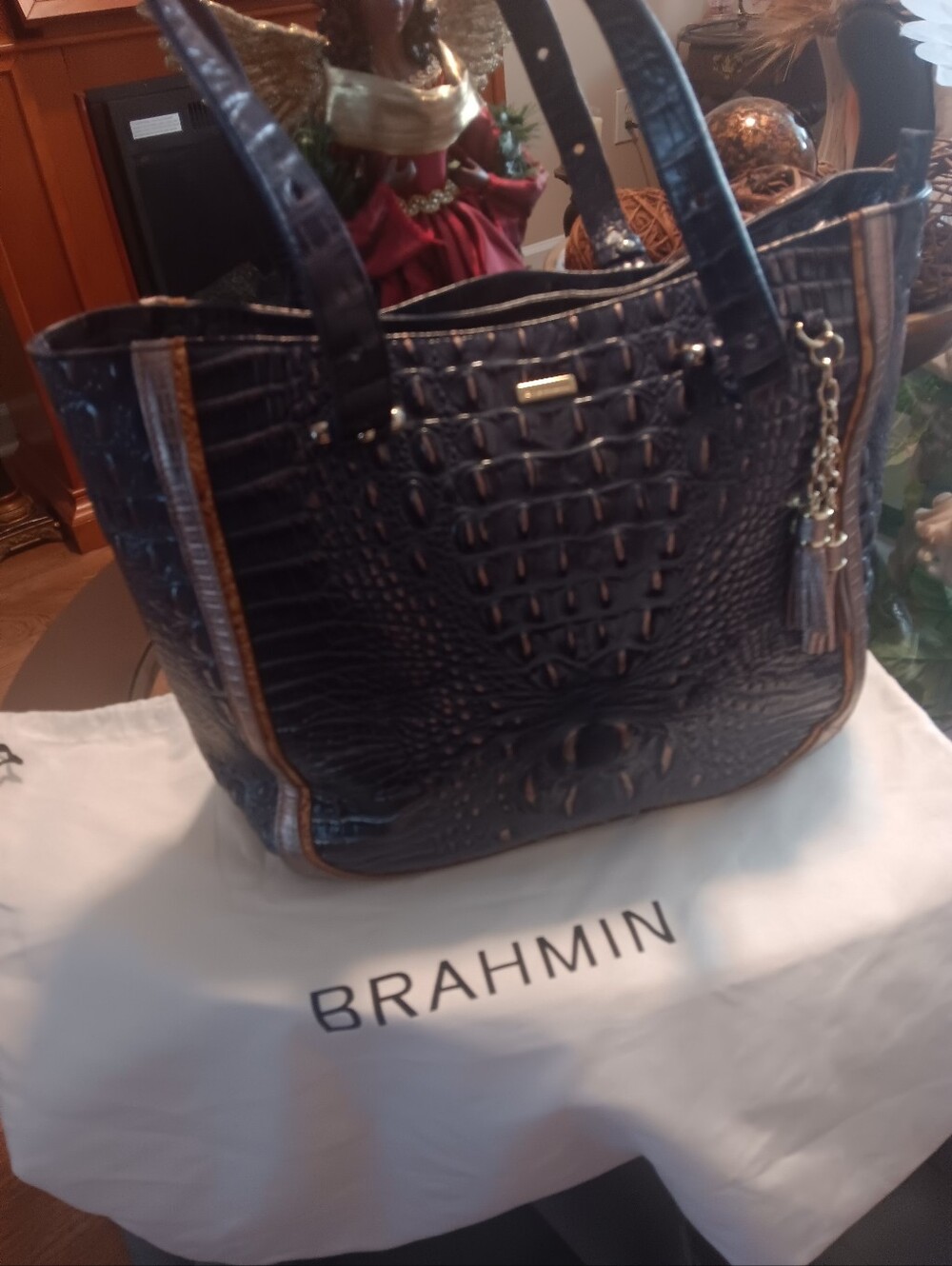 Brahmin Blue Croc-Embossed Tote with Tan Trim and Tassel